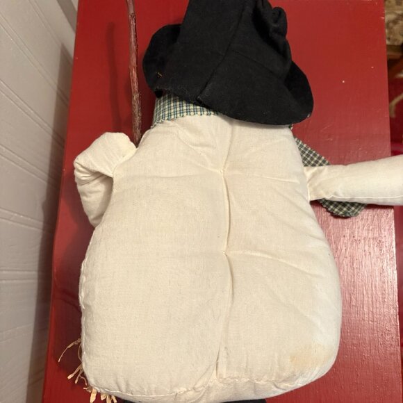 Ivory, cotton snowman with broom, felt hat, 16 inches, torso is 12". legs are 4" - Picture 2 of 2